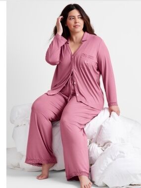 Plus Size Berry Breeze Pajama Set 2 Pc Lace Trim Button Lounge Sleepwear NWT